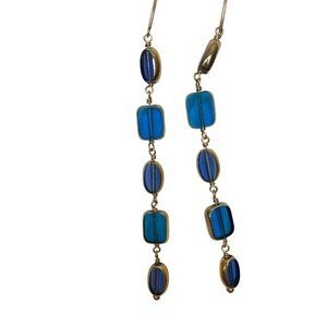 Long Blue Gold Dangle Earrings Clear Glass Ovals Rectangles Statement Elegant